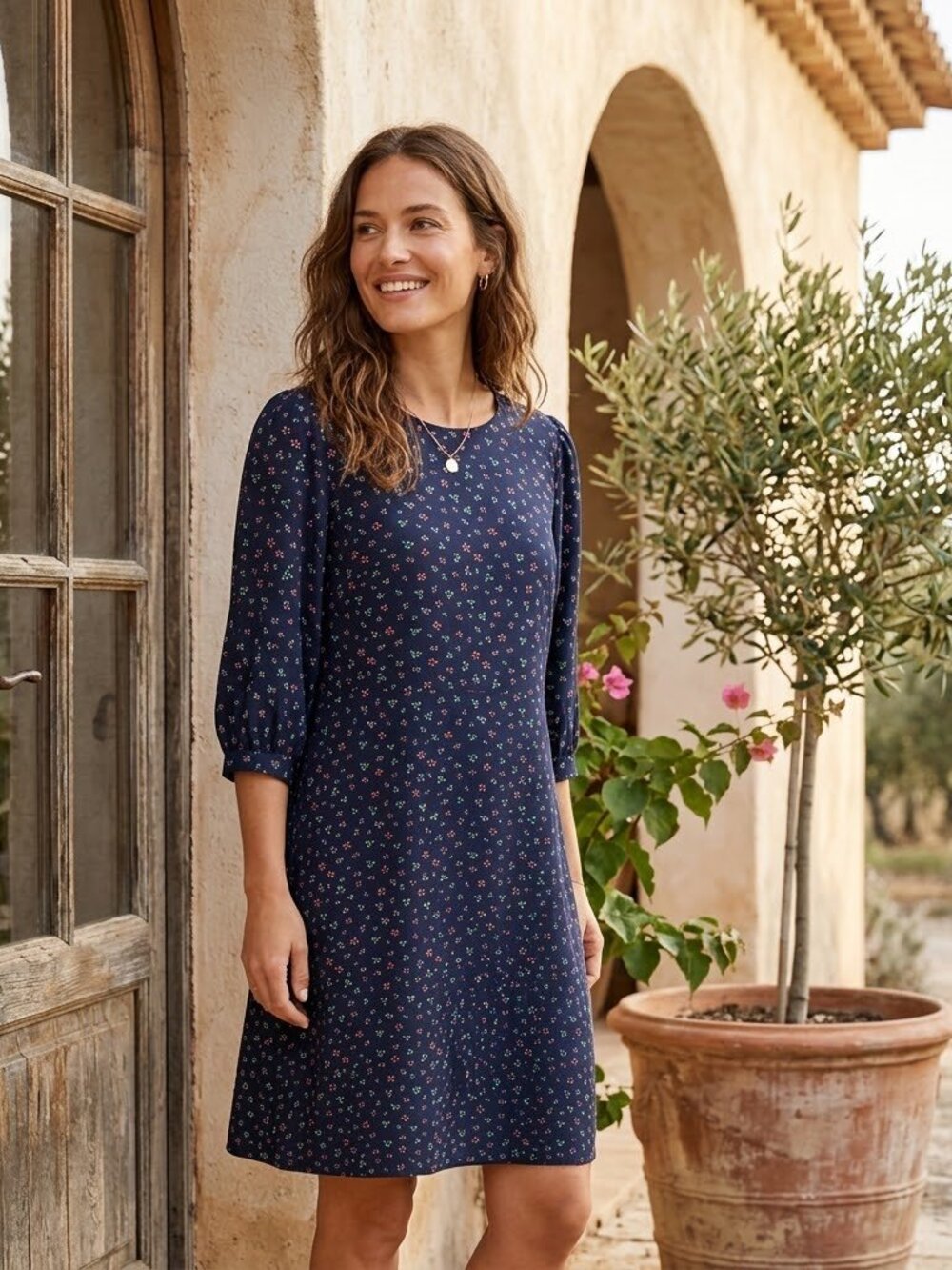 LOFT Floral Midi Dress Long Sleeve Ditsy Navy Blue Cottagecore 14P Petite Twee